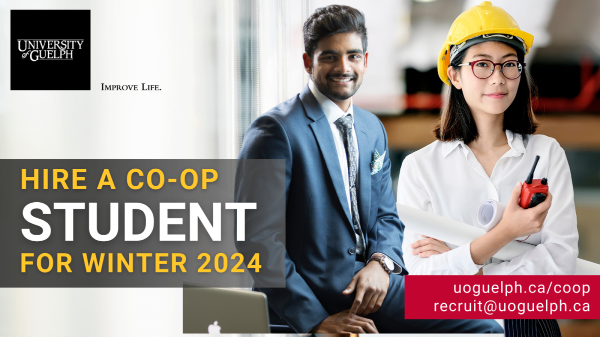 Image of business student and engineering student, with text, "hire a co-op student for winter 2024", with U of G logo