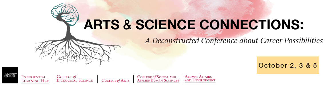 Arts & Science Connections event banner, tree with roots and U of G logos, with event dates Oct. 2 3 and 5