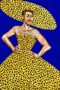 Photo of a painting of a white man wearing a large cheetah print hat and dress, on a blue background.