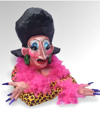 Sculpture of a drag queen wearing a cheetah print outfit with pink feather boa and purple nails.
